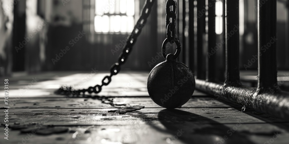 Poster a ball is chained to a chain in a jail cell. suitable for depicting confinement, restriction, and im
