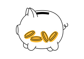 Hand drawn cute outline illustration of piggy bank with coins inside. Flat vector moneybox for savings sticker in line art doodle style. Financial literacy or bank deposit icon or print. Isolated.
