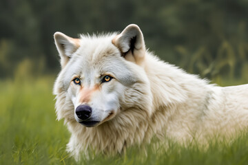 White Wolf. white timber wolf in a clearing, close-up of the animal's muzzle. predators concept