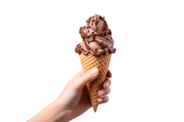 hand holding cone ice cream with chocolate isolated on transparent background Remove png, Clipping Path, pen tool