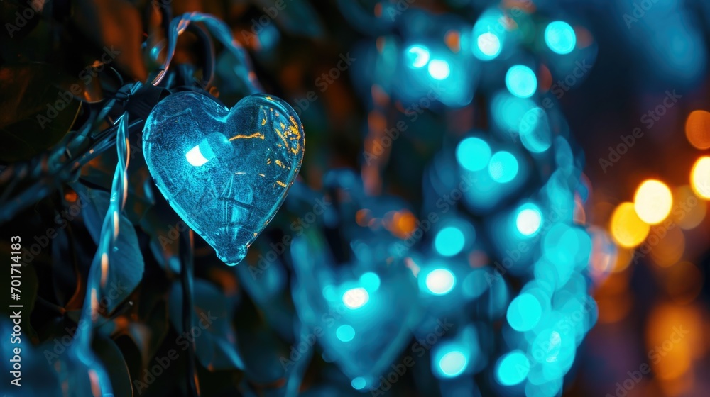 Poster A string of lights with a blue heart hanging on it. Perfect for adding a romantic touch to any occasion