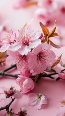 Soft and delicate cherry blossoms are beautifully arranged on a soft pink background