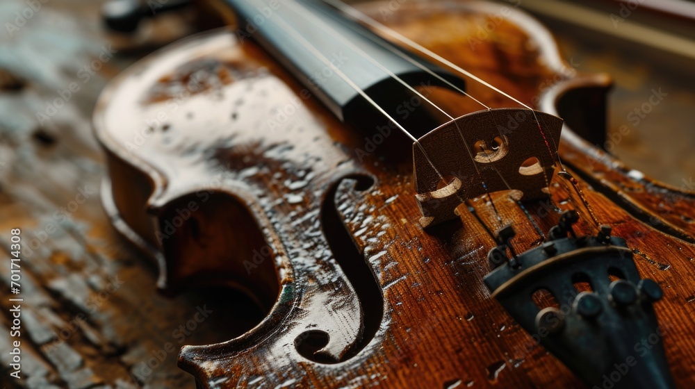 Aufkleber a violin resting on a sturdy wooden table. versatile image suitable for music-related projects
