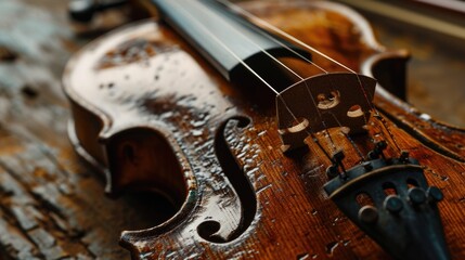 A violin resting on a sturdy wooden table. Versatile image suitable for music-related projects