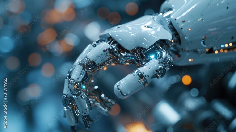 Aufkleber A close-up view of a robot's hand with vibrant lights in the background. Perfect for futuristic technology concepts and sci-fi themed projects