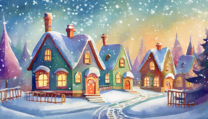 Fototapeta na wymiar Cute Christmas houses in snowy village. Pastel winter wonderland. Concept of festive holiday charm.