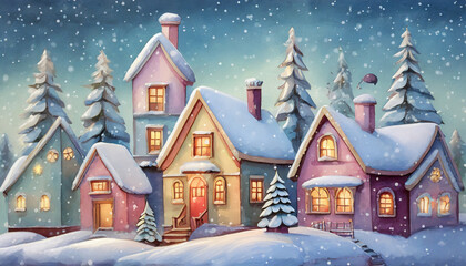 Fototapeta premium Cute Christmas houses in snowy village. Pastel winter wonderland. Concept of festive holiday charm.