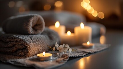 Closeup of burning candles spreading aroma on table in a spa room. Beautiful composition with grey and white candles for spa treatment,