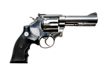 Generic black revolver gun png, isolated on white or transparent background, steel firearm, weapon pistol cut out