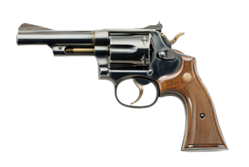 Generic wooden brown revolver gun png, isolated on white or transparent background, steel firearm, weapon pistol cut out