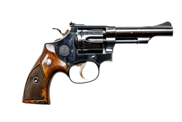 Generic wooden brown revolver gun png, isolated on white or transparent background, steel firearm, weapon pistol cut out