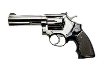 Generic black revolver gun png, isolated on white or transparent background, steel firearm, weapon pistol cut out