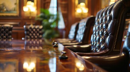 Corporate boardroom with a polished mahogany table and leather chairs - obrazy, fototapety, plakaty