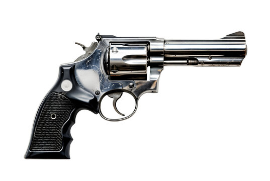 Generic black revolver gun png, isolated on white or transparent background, steel firearm, weapon pistol cut out