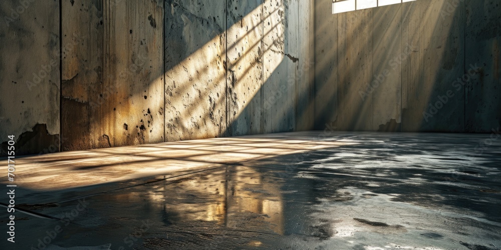 Poster Sunlight streaming through the windows of an abandoned building. Perfect for adding a touch of natural light to any project