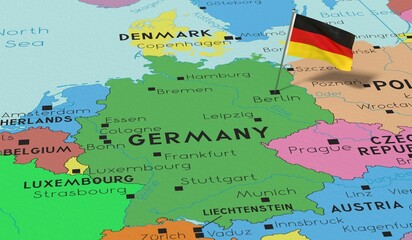 Fototapeta premium Germany, Berlin - national flag pinned on political map - 3D illustration