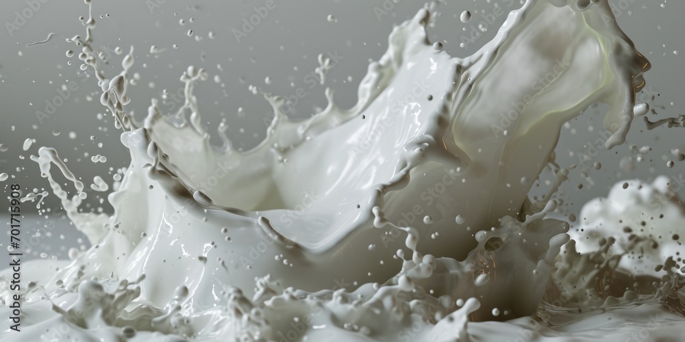 Poster A dynamic image capturing a splash of milk on a clean white surface. Perfect for illustrating concepts related to freshness, dairy products, cooking, or food and beverage industry.