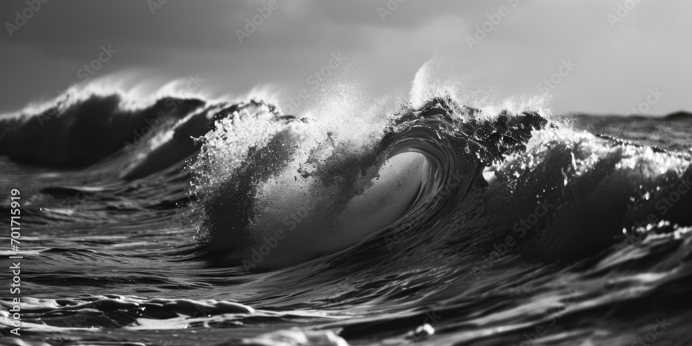 Poster A captivating black and white photo capturing the power and beauty of a wave in the ocean. Perfect for adding a touch of elegance and drama to any design project
