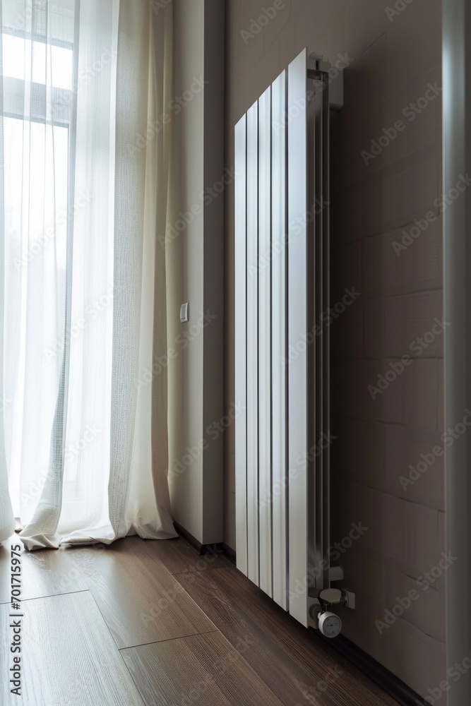 Poster a white radiator positioned in front of a window. ideal for home interior design projects