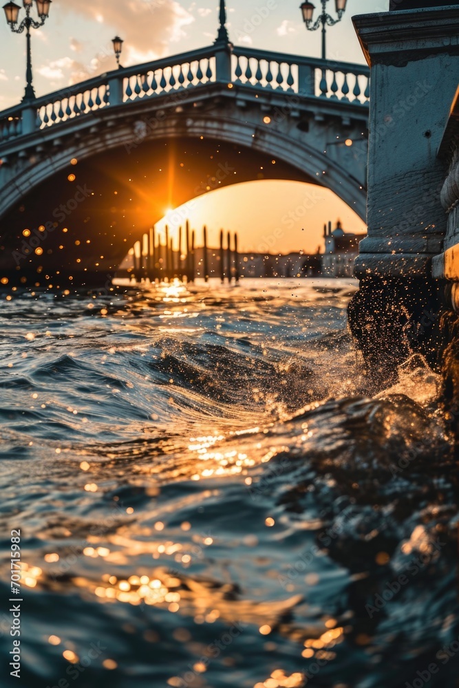 Poster a picturesque bridge over calm water at sunset. perfect for adding a touch of serenity to any projec