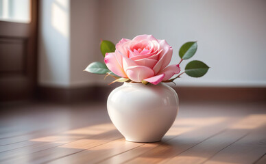 pink rose in white ceramic vase on wood floor