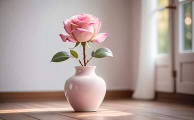 pink rose in white ceramic vase on wood floor