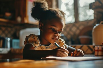 A young girl sitting at a table, focused on writing on a piece of paper. This image can be used to depict education, creativity, or childhood activities