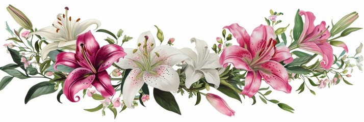 A beautiful floral wreath is decorated with delicate pink flowers and delicate white flowers