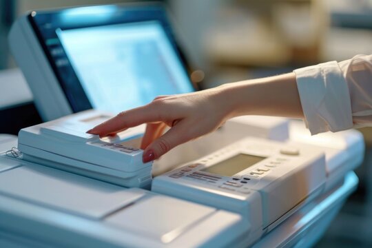 A person is pressing a button on a printer. This image can be used to illustrate office work or technology-related topics
