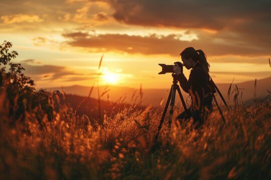A woman capturing the beauty of a sunset with her camera. This image can be used to depict photography, travel, nature, and the joy of capturing memorable moments