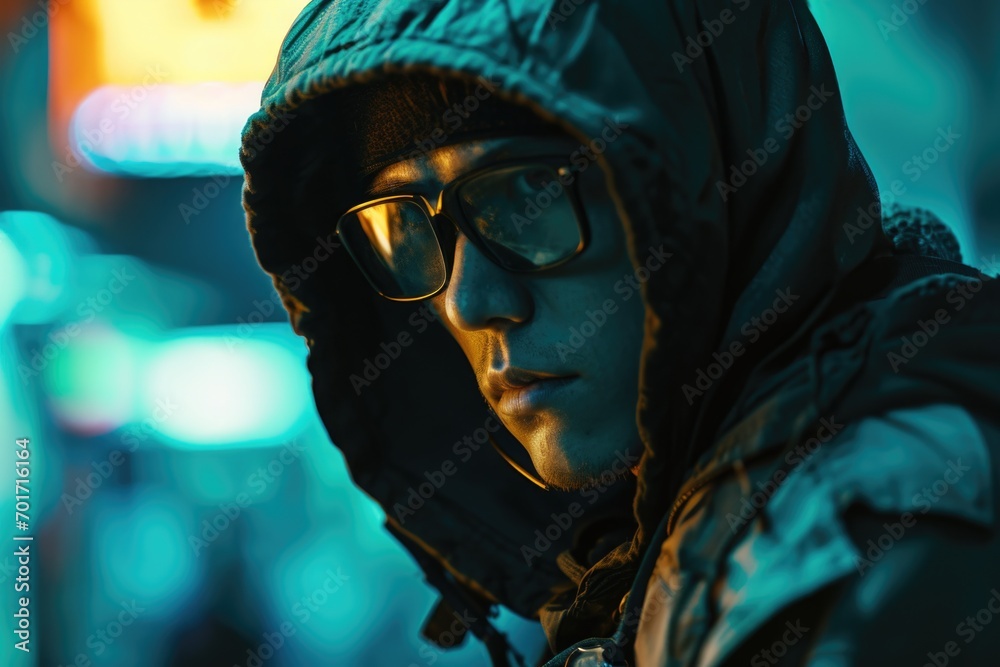 Poster a man wearing a hooded jacket and glasses is focused on his cell phone. this image can be used to de
