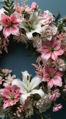 A beautiful floral wreath is decorated with delicate pink flowers and delicate white flowers