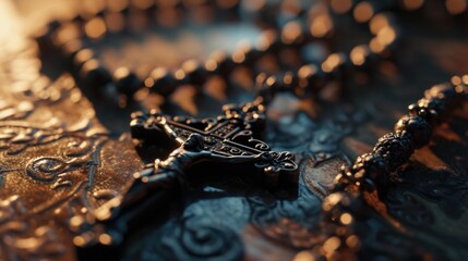 A close-up view of a rosary placed on a table. This image can be used to depict religious faith, spirituality, or prayer