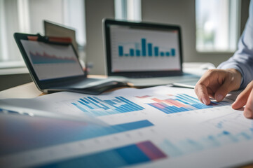 businessman working on laptop with charts