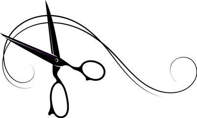 Hair stylist scissors and curly curl of hair. Design for a beauty salon and hairdresser - obrazy, fototapety, plakaty