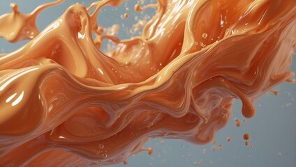 Soft abstract splash of peach and burnt orange liquids merging in a smooth, flowing wave, providing a serene and warm art piece against a pale blue background