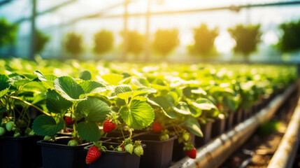 Fototapeta na wymiar Rows of fresh strawberries grown in greenhouses. Organic agriculture concept. Generative AI