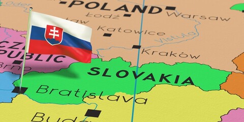 Slovakia, Bratislava - national flag pinned on political map - 3D illustration