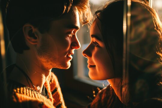 A picture capturing the intimate moment when a man and a woman lock eyes. This image can be used to depict love, romance, relationships, or connection