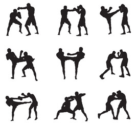  Silhouette of mix martial arts, Kungfu, boxing, karate, kick boxing, jujitsu, taekwondo, sumo, mauy thai. Vector illustration.