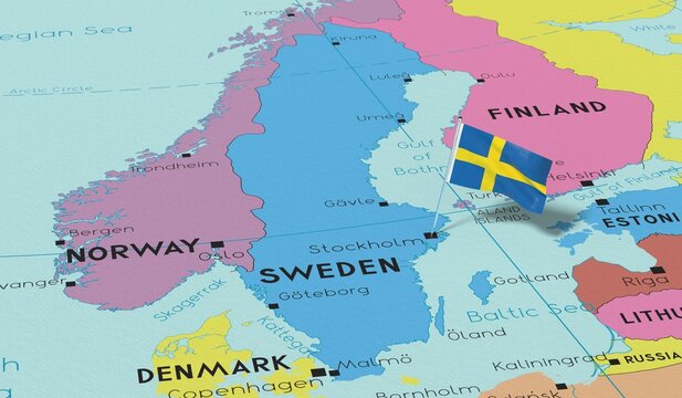 Sweden, Stockholm - national flag pinned on political map - 3D illustration
