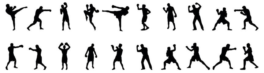 Silhouette set of mixed martial art mma fighter. Muay thai, wrestling, jujitsu, kick boxing, taekwondo and boxing. Vector illustration