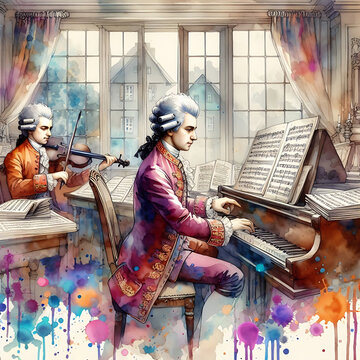 Mozart composing music background wallpaper with watercolor art technique