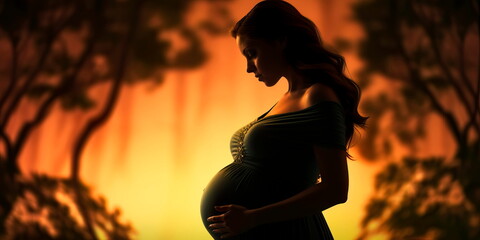 Silhouette of a pregnant woman on an evening background . Generative AI - obrazy, fototapety, plakaty