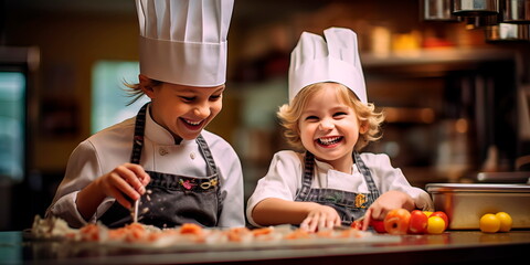 Children in professional kitchens, dressed as chefs, learning culinary arts. Generative AI