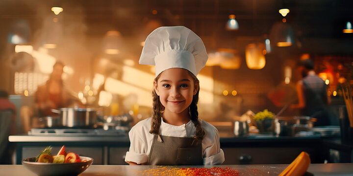 Children in professional kitchens, dressed as chefs, learning culinary arts. Generative AI