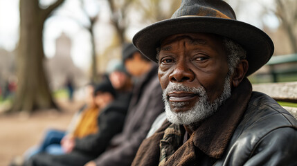 Fototapeta premium lonely homeless grandfather sitting on a bench in the spring Central Park of NY