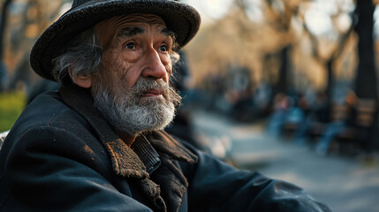 lonely homeless grandfather sitting on a bench in the spring Central Park of NY