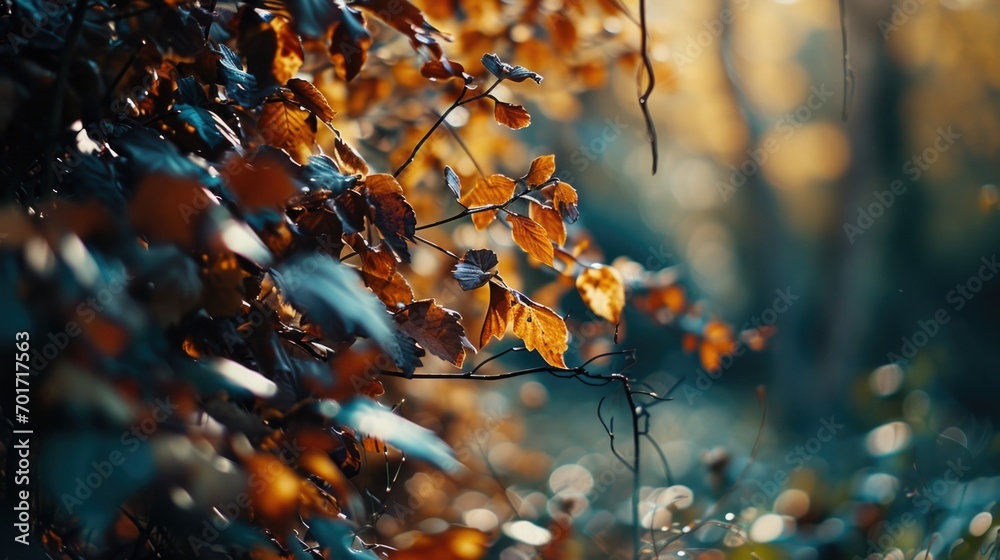Poster a close up view of a bunch of leaves on a tree. this image can be used to depict nature, seasons, or