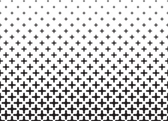 Geometric pattern of black crosses on a white background. Seamless in one direction. Option with an average fade out.